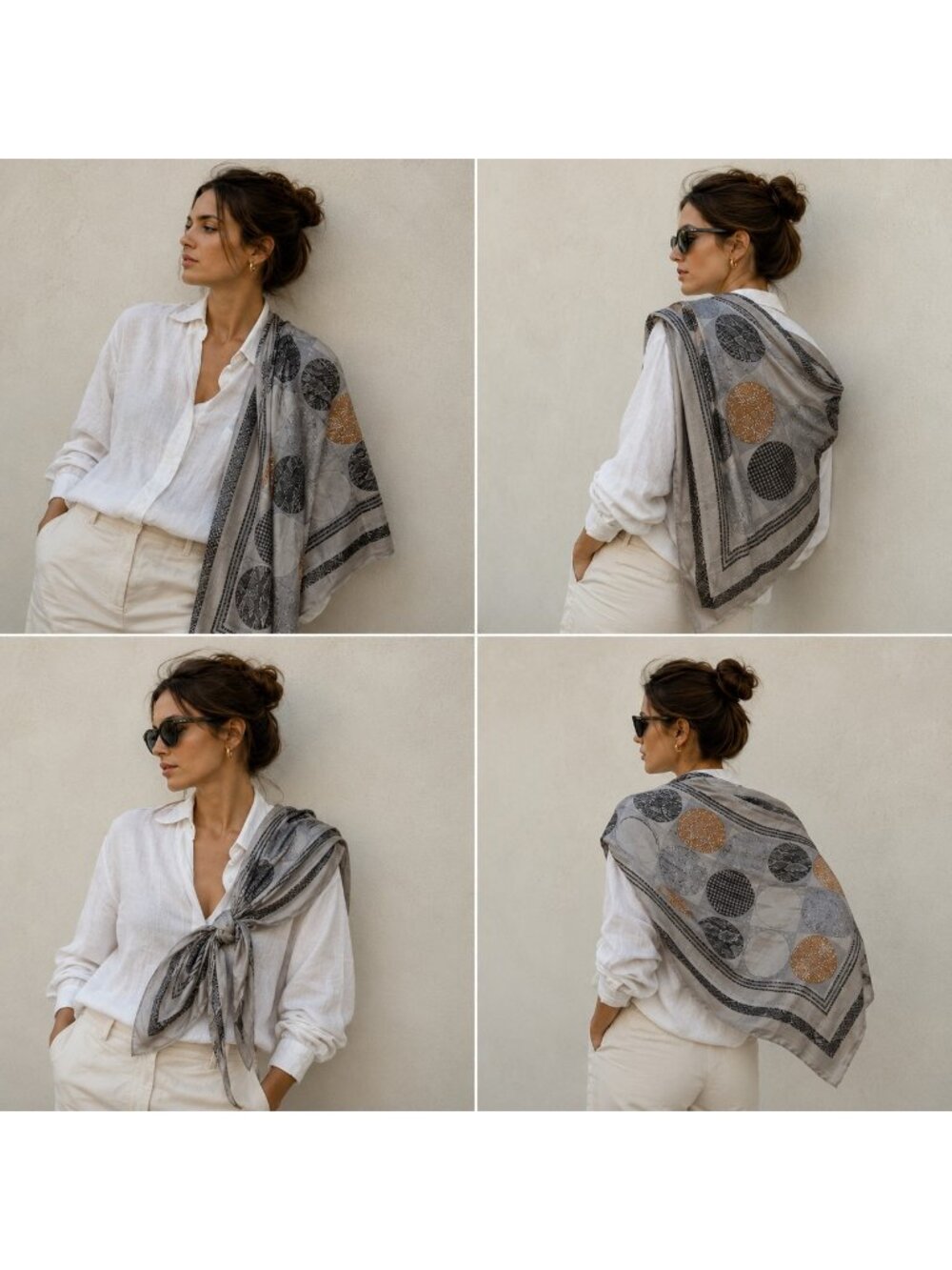 Adrienne Vittadini 100% Silk Scarf 34x34 Gray Tan Geometric Circle Print